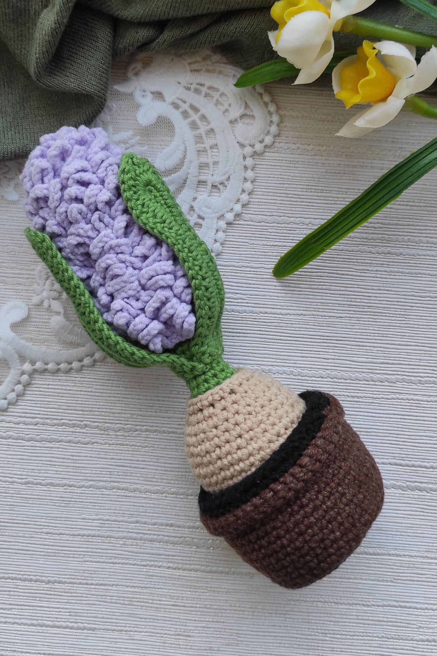 Crochet hyacinth soft sculpture side view, 17cm handmade cotton flower by Valentyna Levytska
