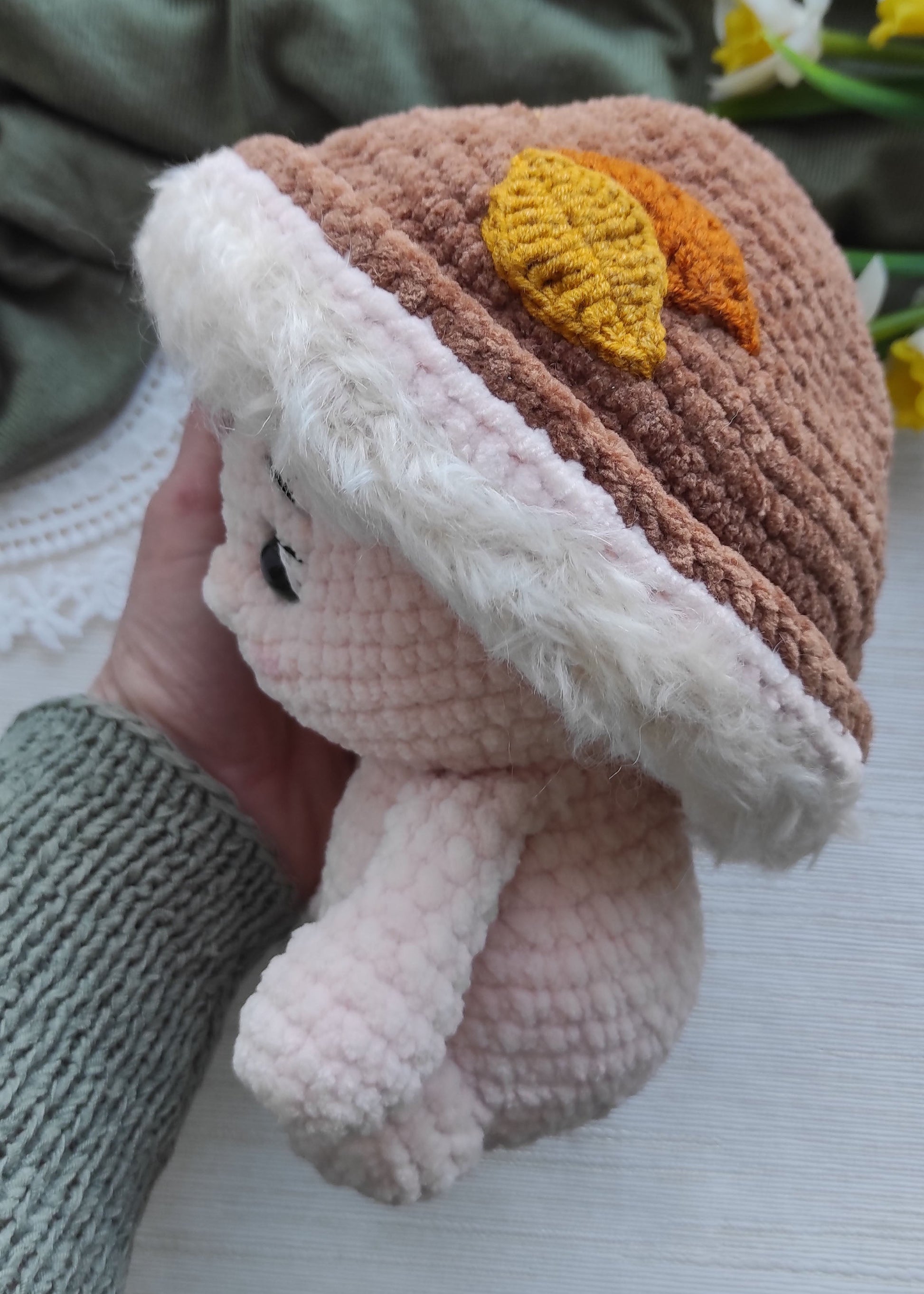 Crochet mushroom plushie with removable hat, side view, handmade amigurumi by Valentyna Levytska
