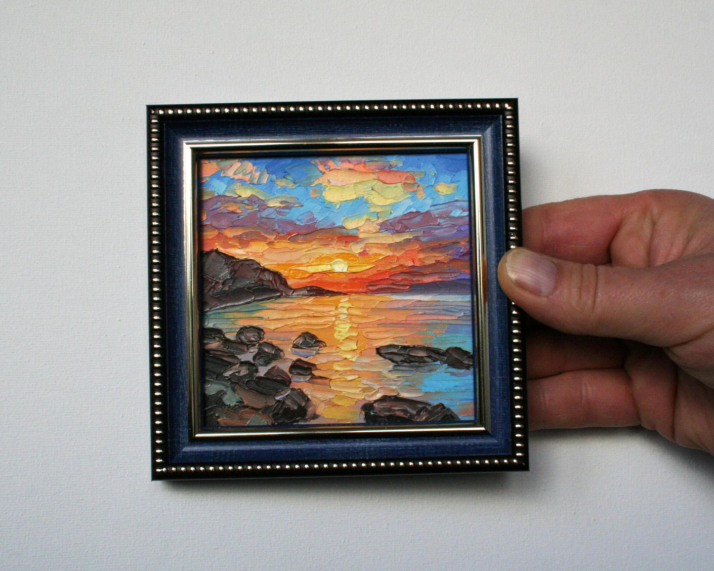 Custom landscape oil painting from photo, framed 4x4 miniature palette knife art by Iryna Stakhiv