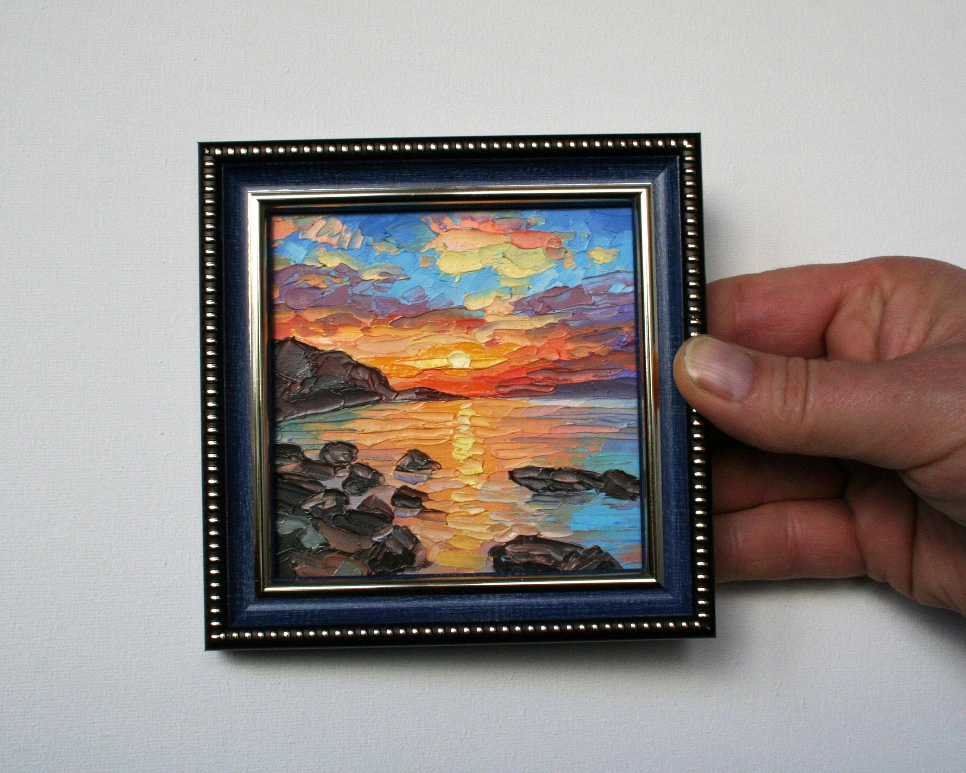 Custom landscape oil painting from photo, framed 4x4 miniature palette knife art by Iryna Stakhiv