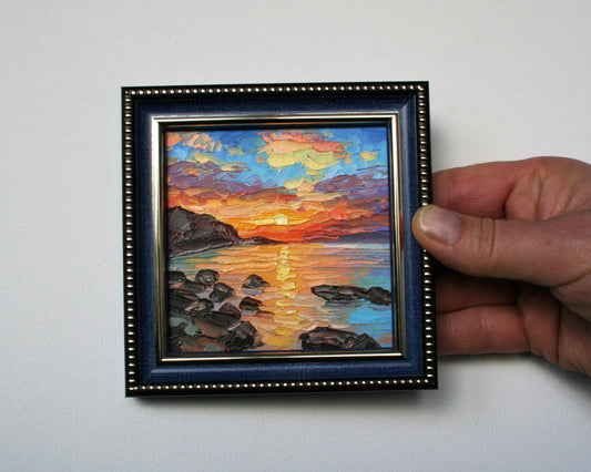Custom landscape oil painting from photo, framed 4x4 miniature palette knife art by Iryna Stakhiv