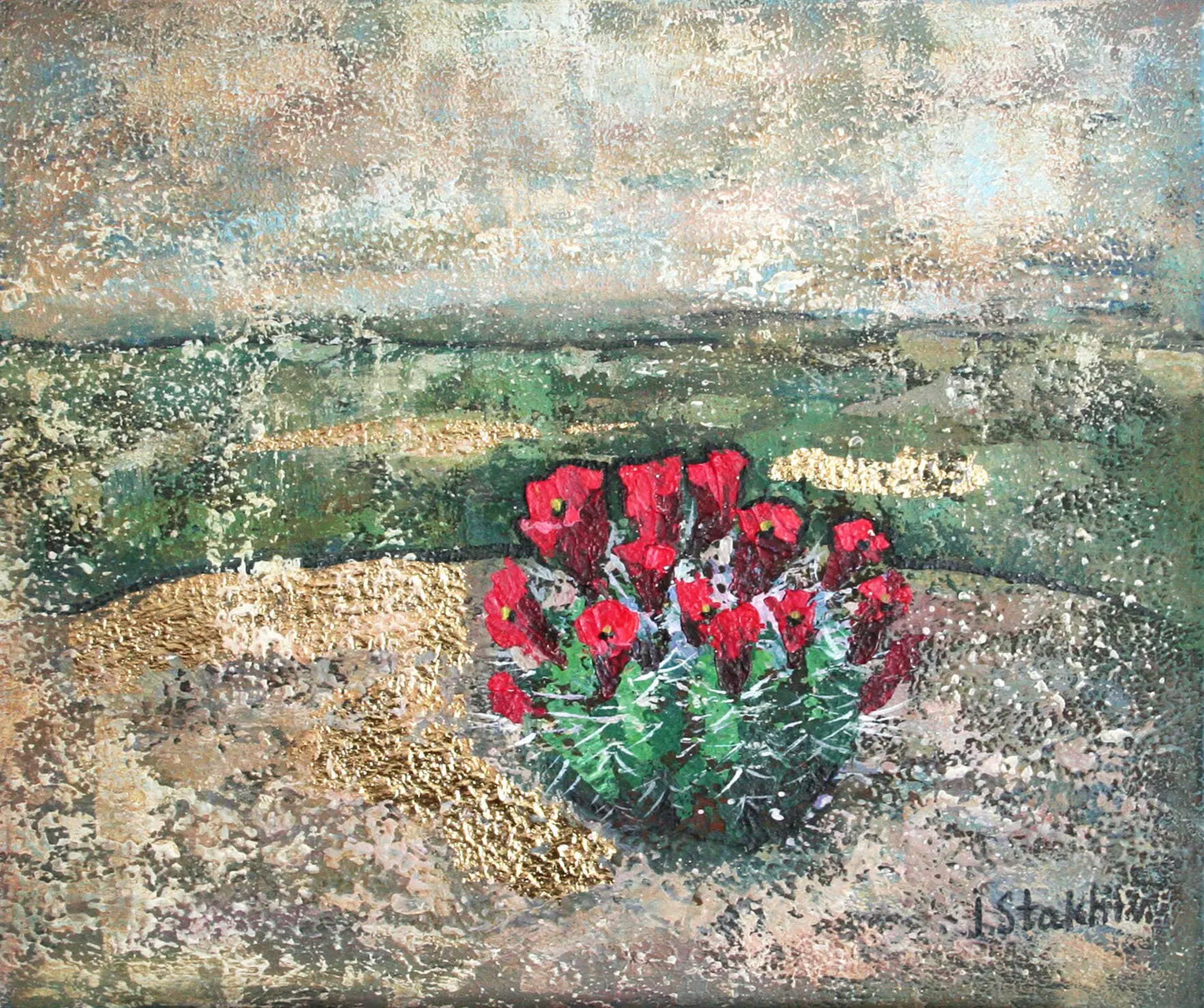 Desert painting — blooming cactus in desert, origina acrylic art 35x30 cm with gold leaf
