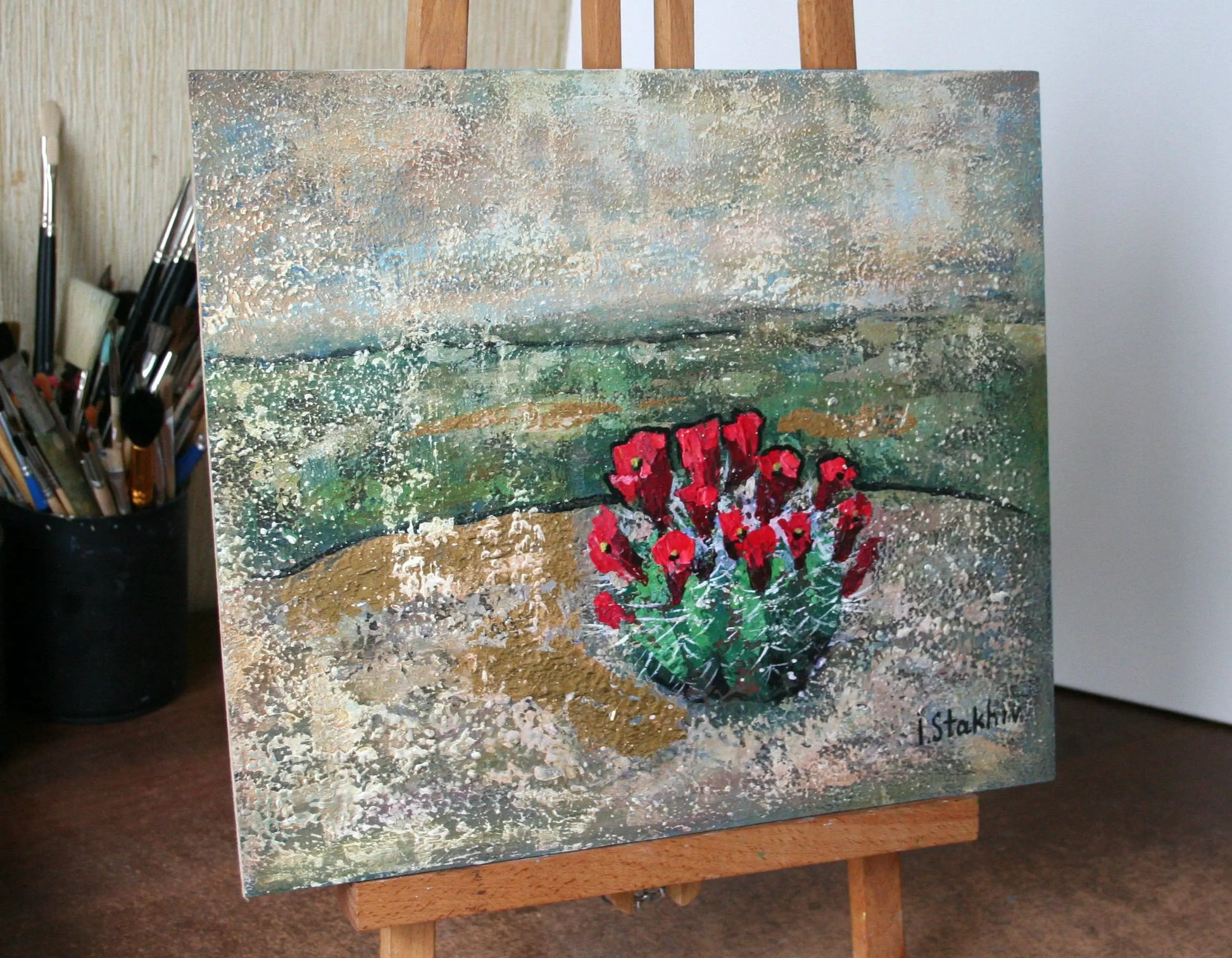 Desert painting detail — impasto palette knife texture, gold leaf, blooming cactus