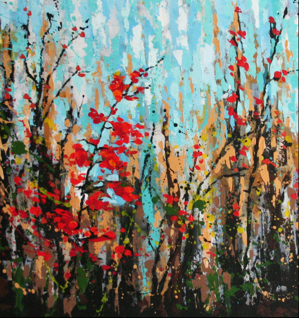 Detail of original acrylic painting on canvas — golden autumn trees, abstract Vermont landscape