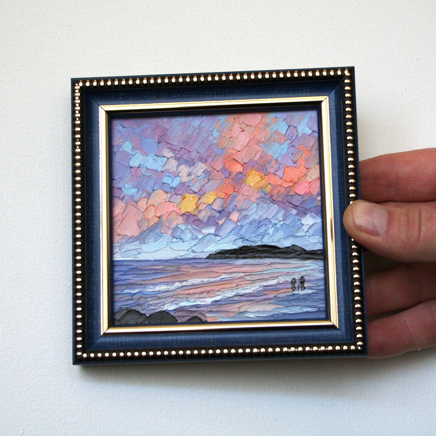 Florida sunset mini oil painting 4x4, original framed seascape palette knife art by Iryna Stakhiv