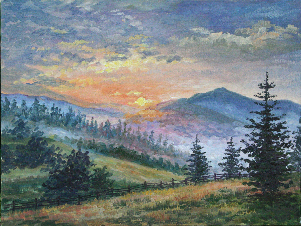 Foggy mountain oil painting on canvas, misty mountain art morning landscape 30x40 cm
