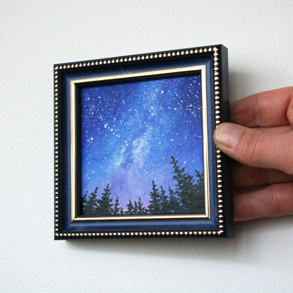 Framed 4x4 miniature painting of deep space and stars for gallery wall