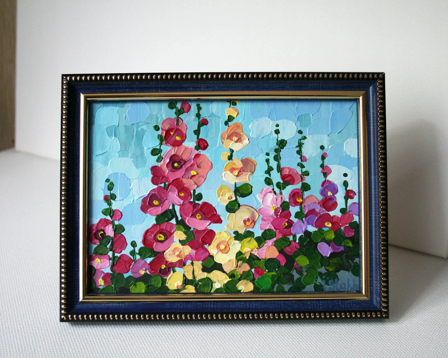 Framed 4x6 hollyhocks painting in dark frame, original acrylic floral art by Iryna Stakhiv, ready to hang