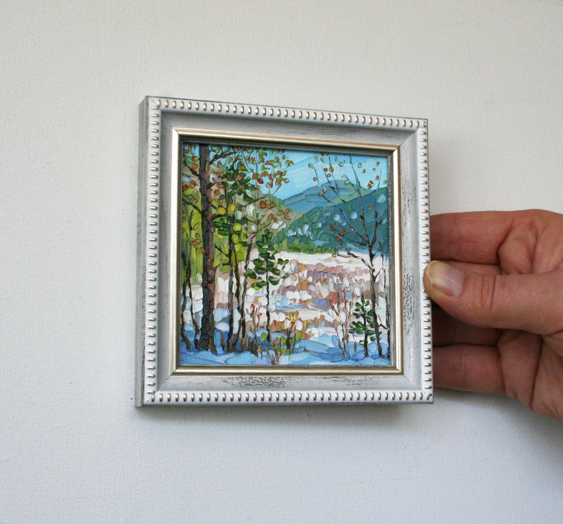 Framed Original Mini Oil Painting of Snowy Landscape, Palette Knife Impasto Art