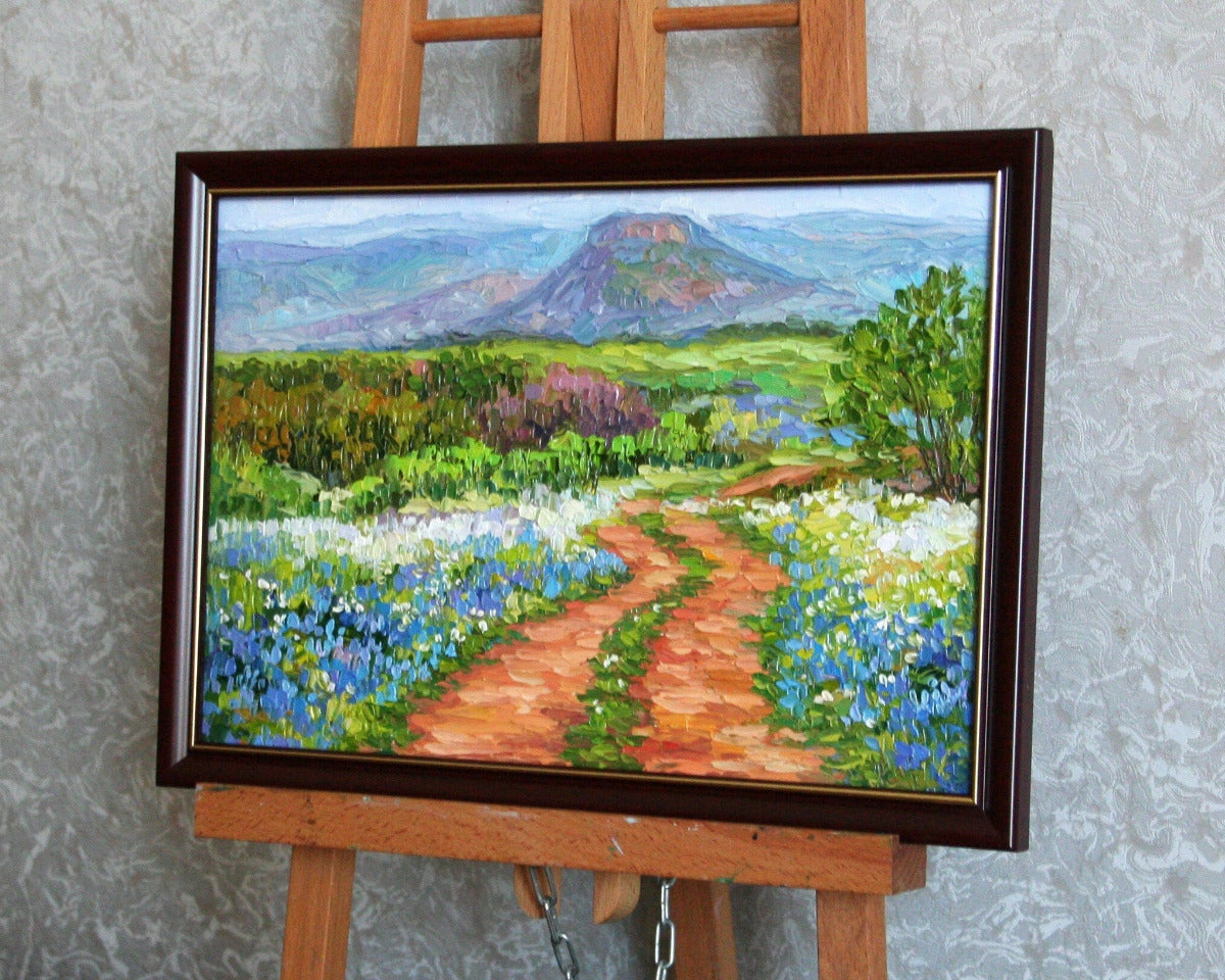 Framed Texas Spring oil painting, palette knife impasto wildflower landscape 8x12 original art