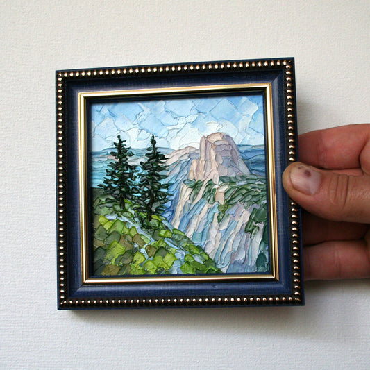 Framed Yosemite oil painting 4x4 inches original impasto palette knife mountain art