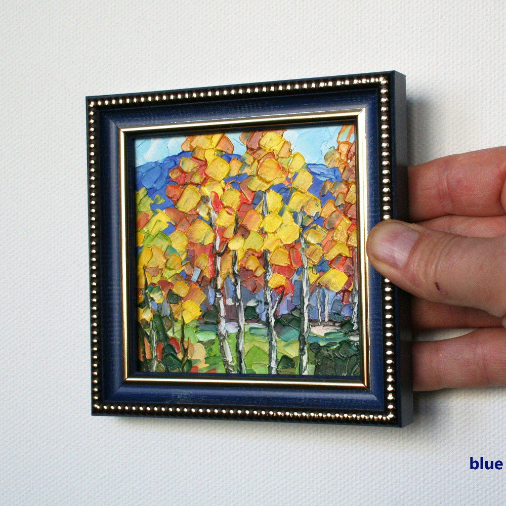 Framed aspen tree painting autumn, palette knife impasto texture golden fall foliage 4x4