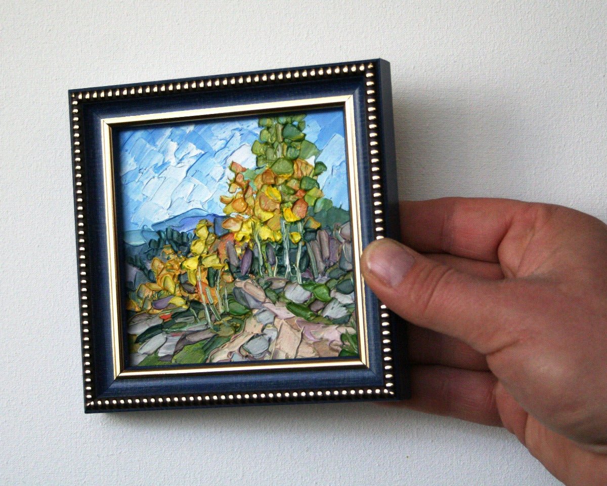 Framed birch tree painting autumn, palette knife impasto texture golden fall foliage 4x4