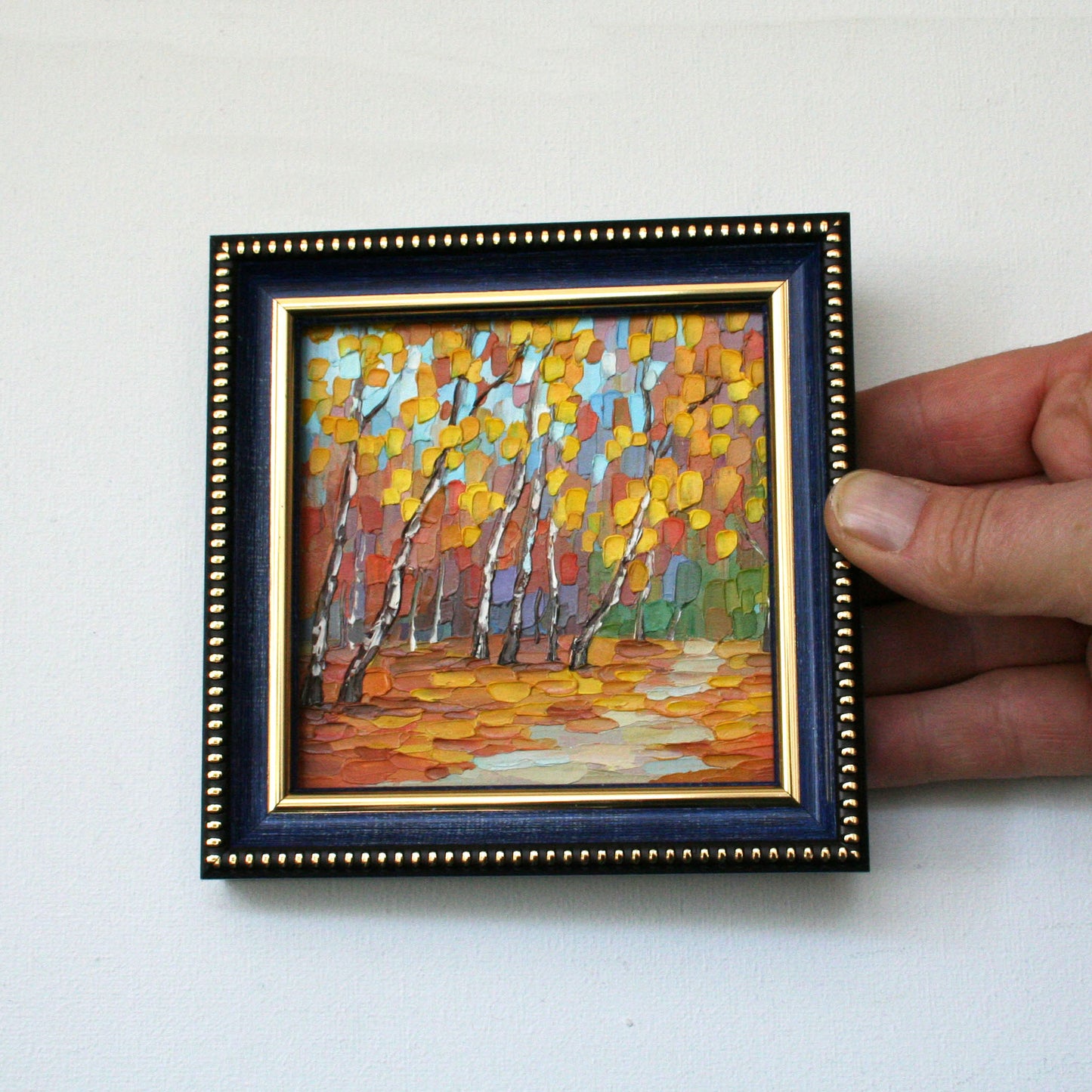 Framed original 4x4 mini oil painting of yellow birch trees in an autumn park. Hand-painted impasto texture by Iryna Stakhiv. Fall landscape.