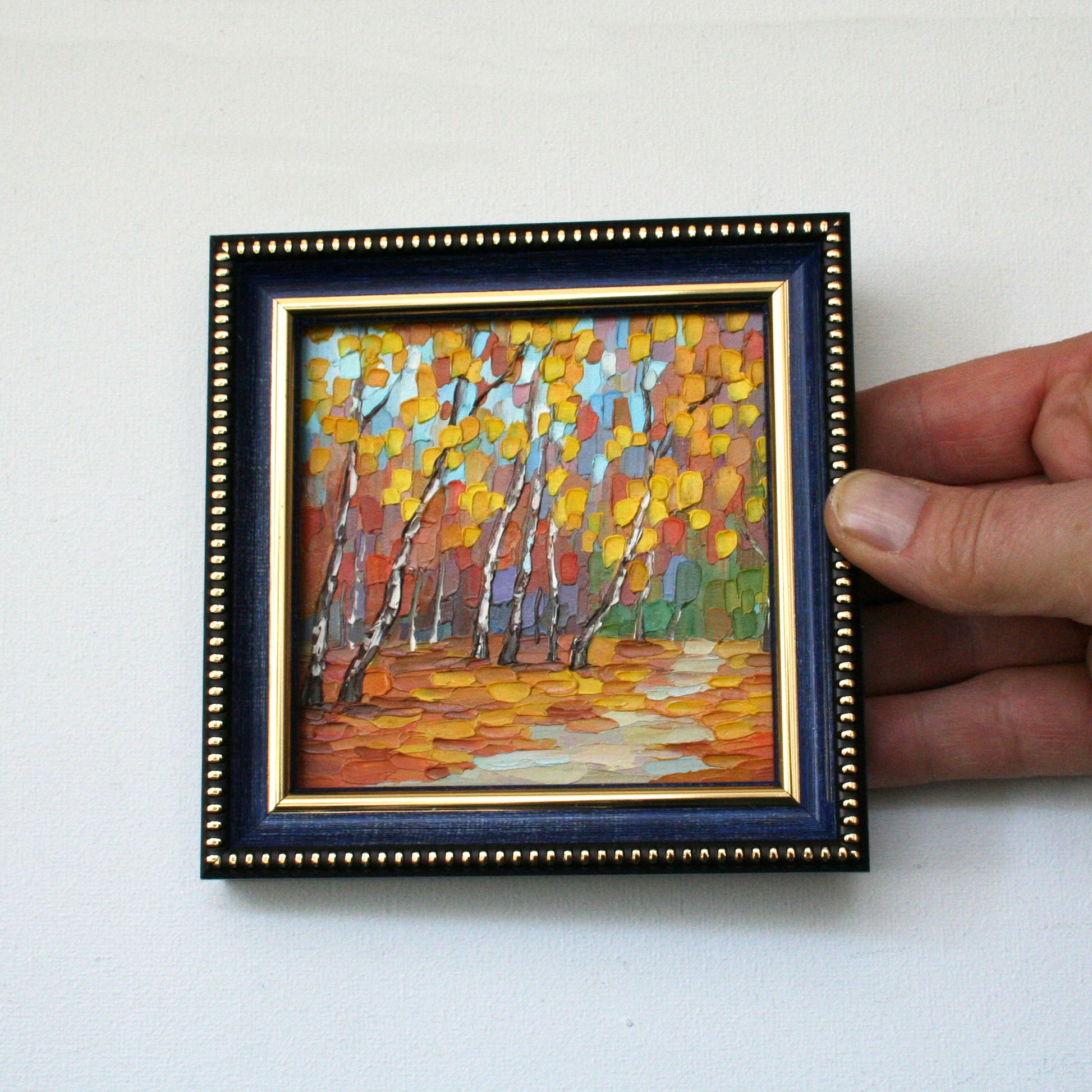 Framed original 4x4 mini oil painting of yellow birch trees in an autumn park. Hand-painted impasto texture by Iryna Stakhiv. Fall landscape.