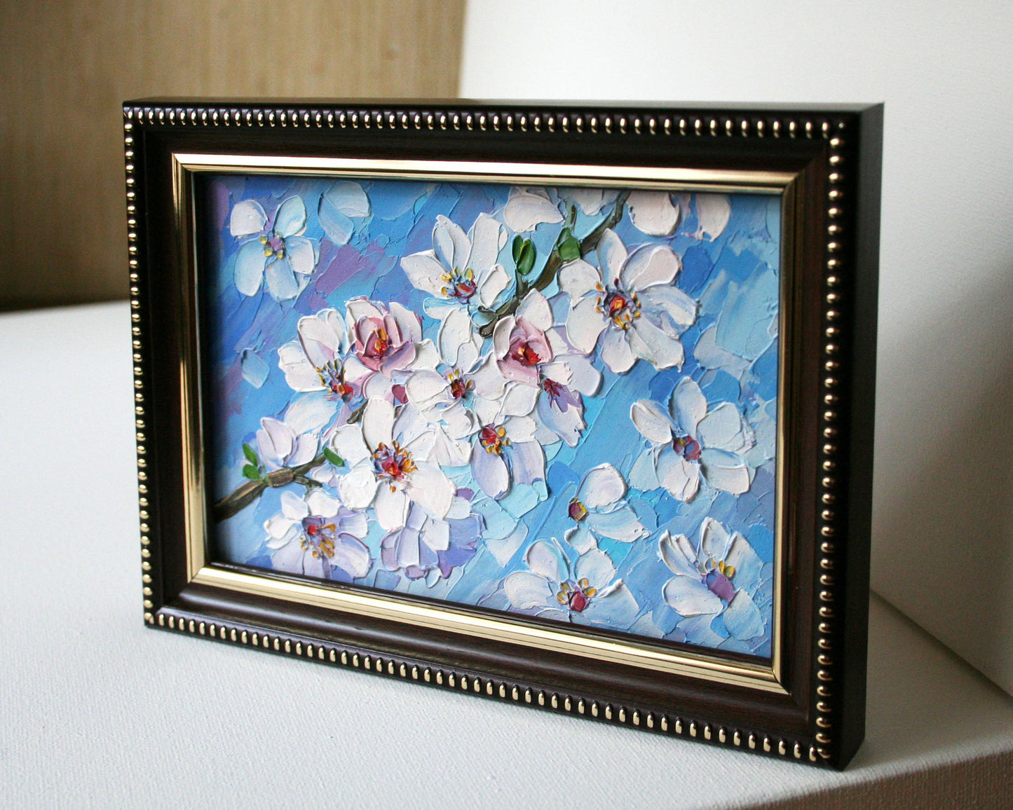 Framed original cherry blossom painting 4x6 small oil sakura wall art