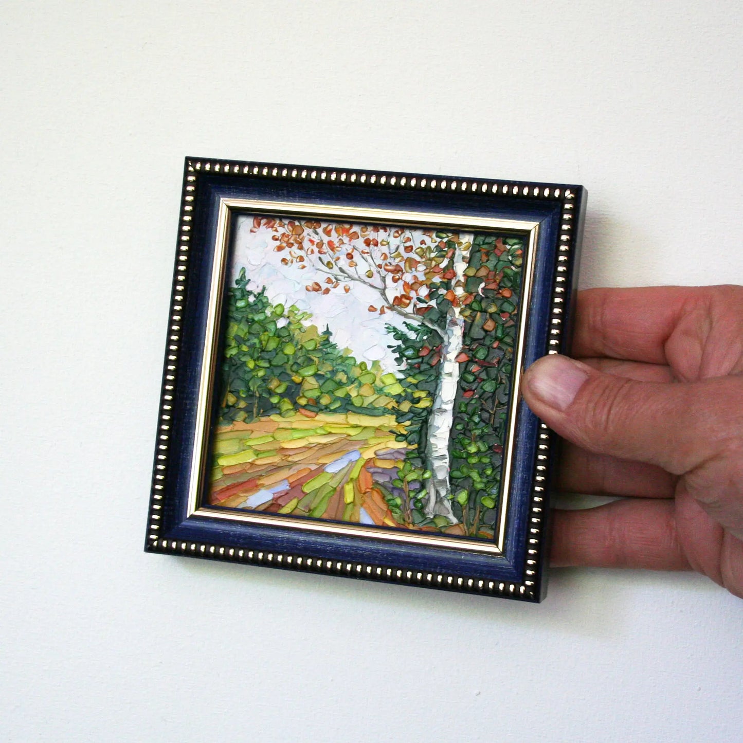 Framed original landscape painting — forest road in autumn colors, palette knife impasto technique