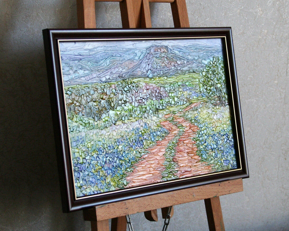 Framed original oil painting of Texas bluebonnets, palette knife textured artwork - landscape art gift by Iryna Stakhiv