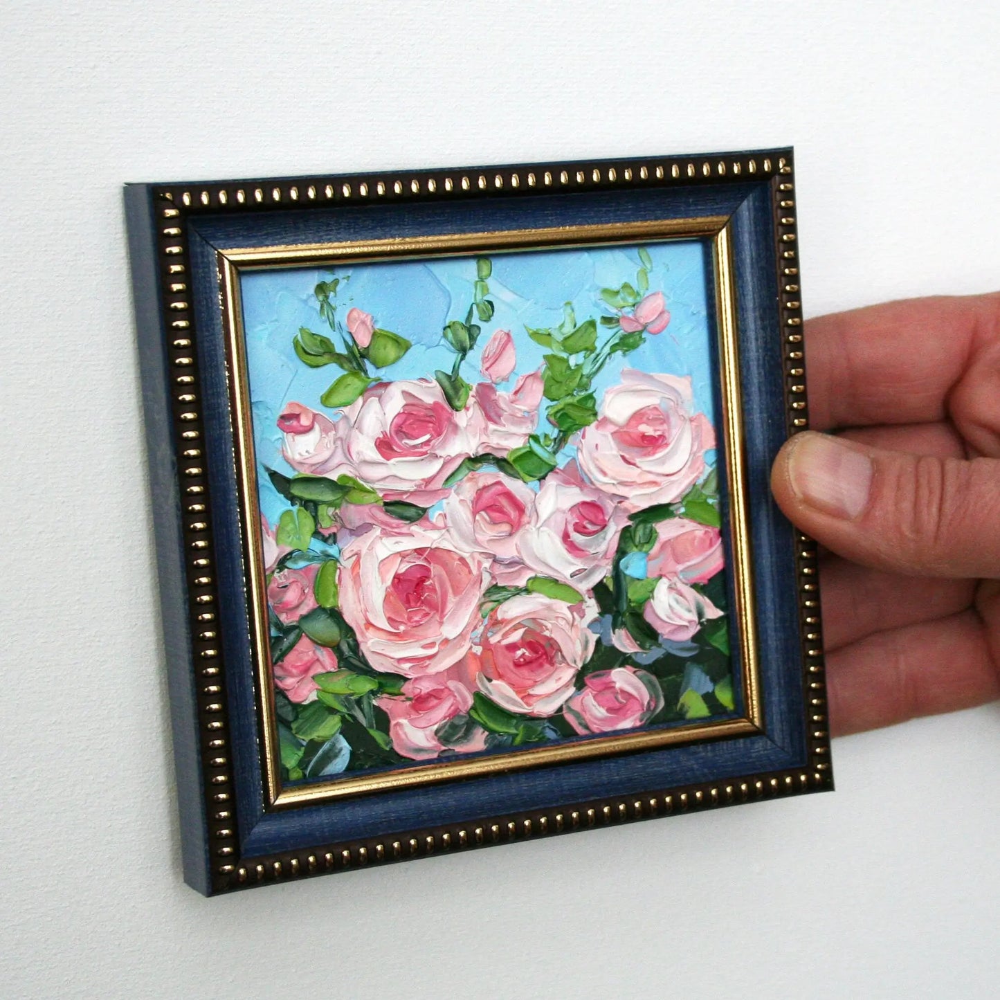 Framed pink rose miniature painting held in hand, palette knife impasto art original