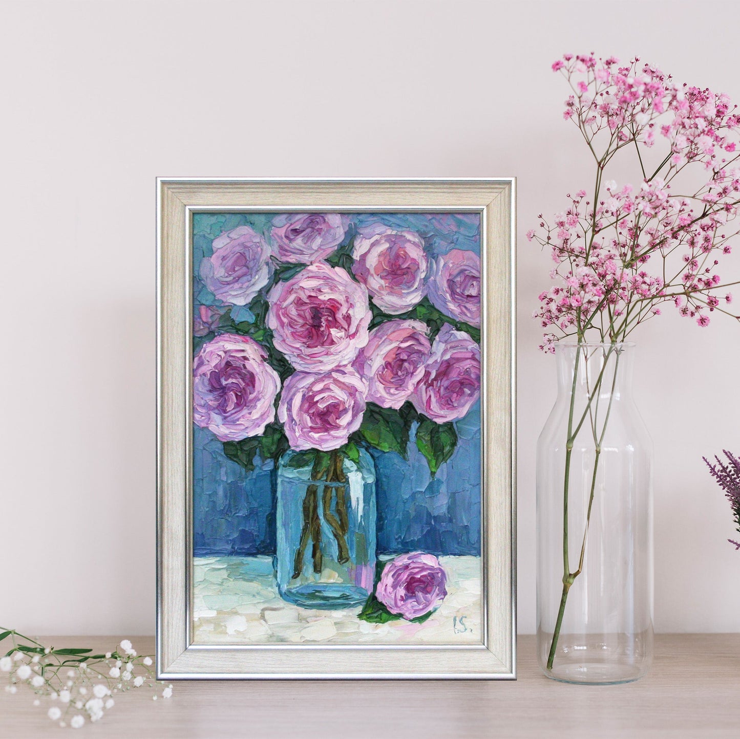 Framed rose painting 8x12 inches, small floral artwork for bedroom decor, cozy cottagecore wall art