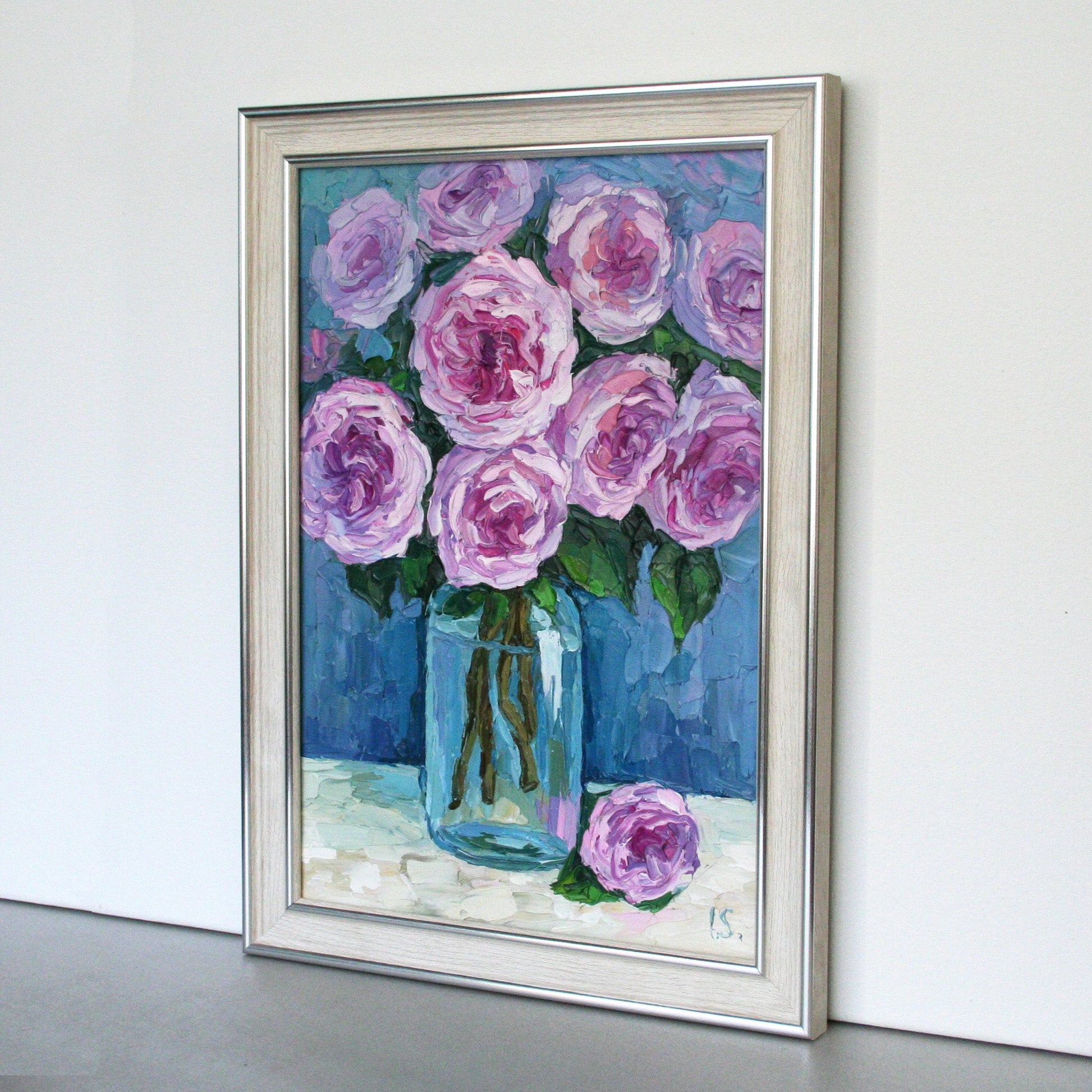 Framed small palette knife oil painting of pink roses