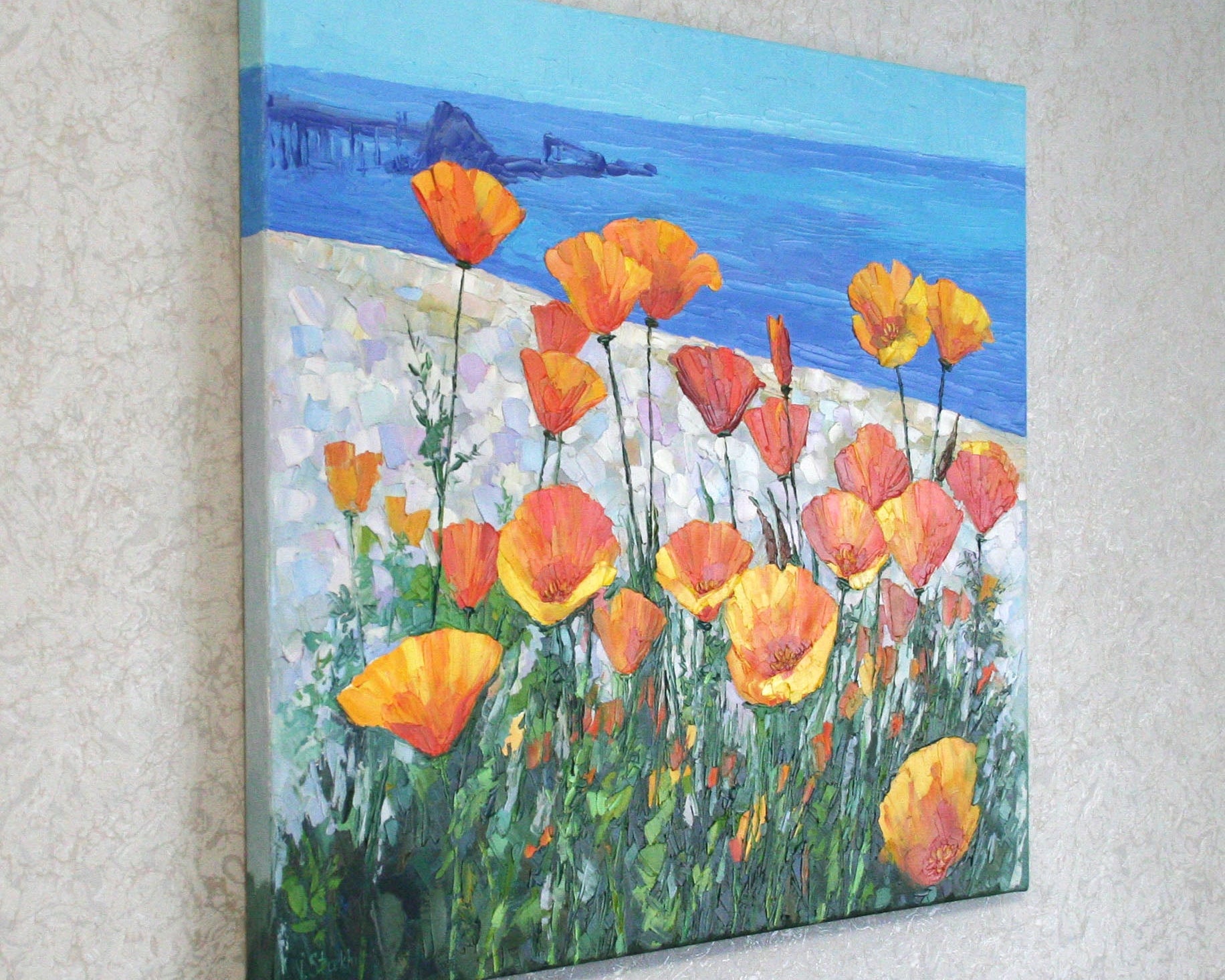Gallery wrap canvas edges of a 50x60 cm poppy painting, ready to hang original oil artwork without a frame.