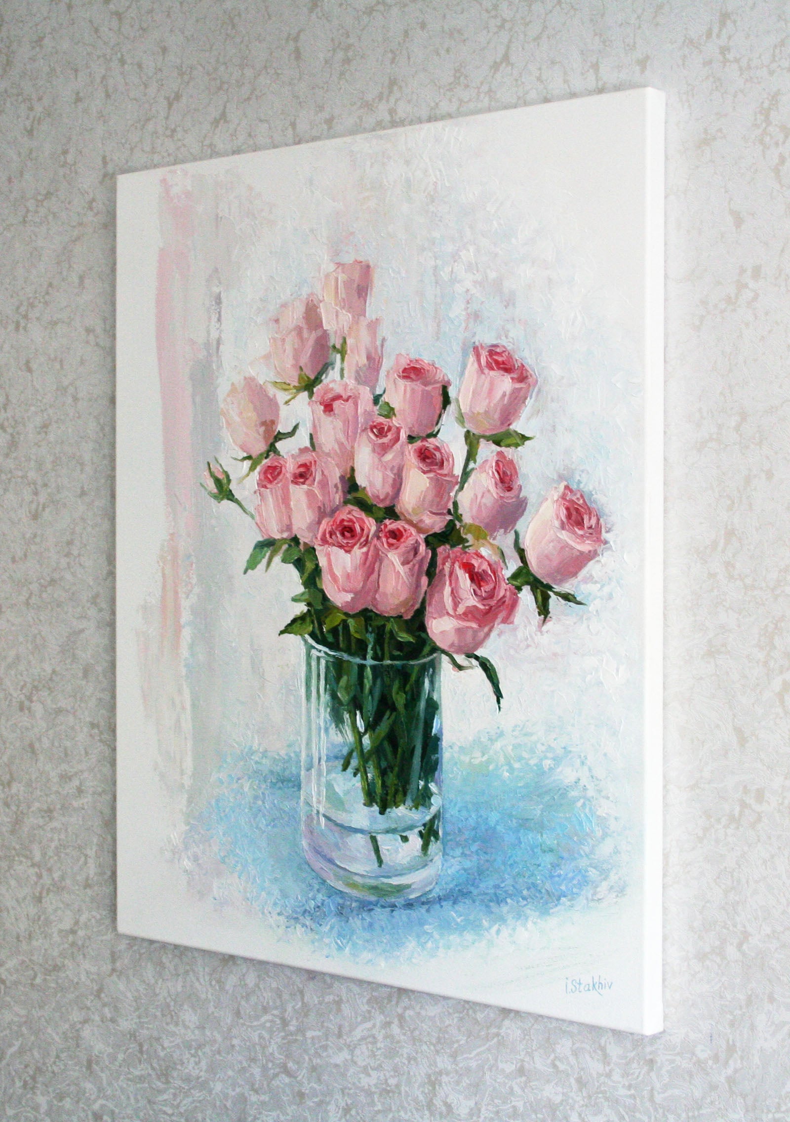 Gallery wrapped rose painting ready to hang, palette knife floral art 20x24 inches