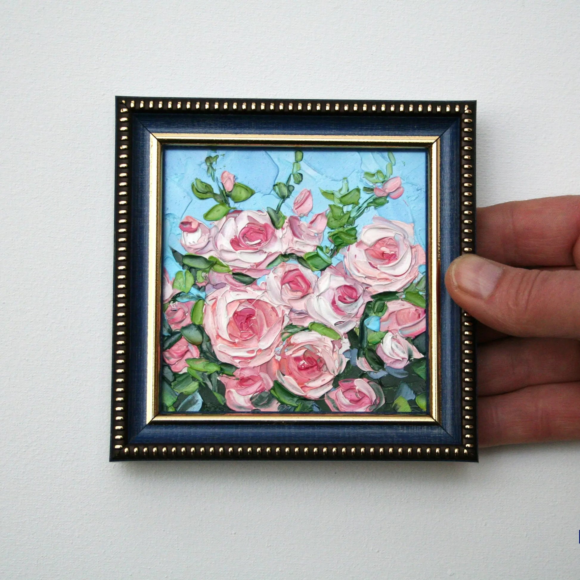Garden rose mini oil painting in dark blue frame, original textured floral art by Iryna Stakhiv