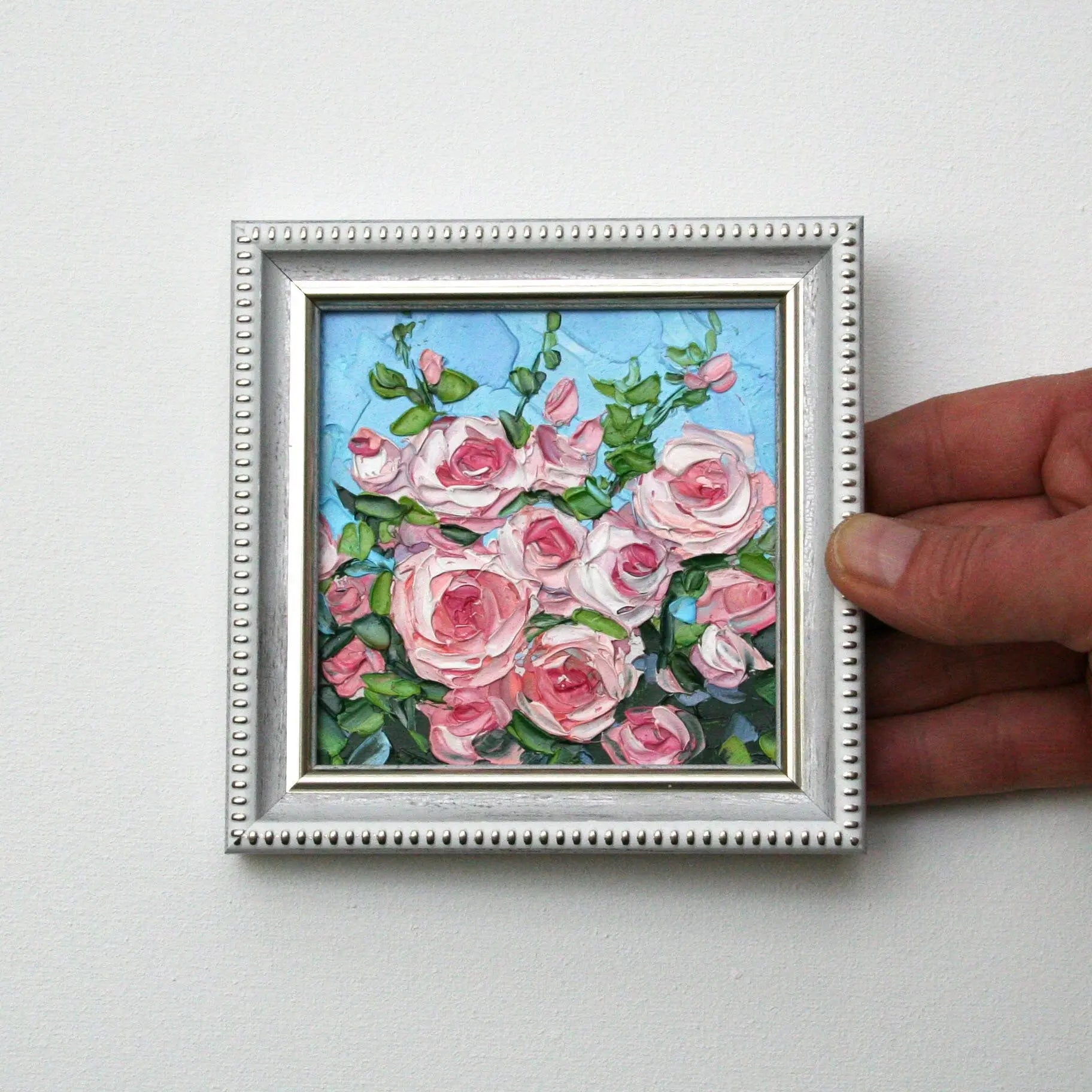 Garden roses mini oil painting in white frame, original impasto palette knife art 4x4 by Iryna Stakhiv