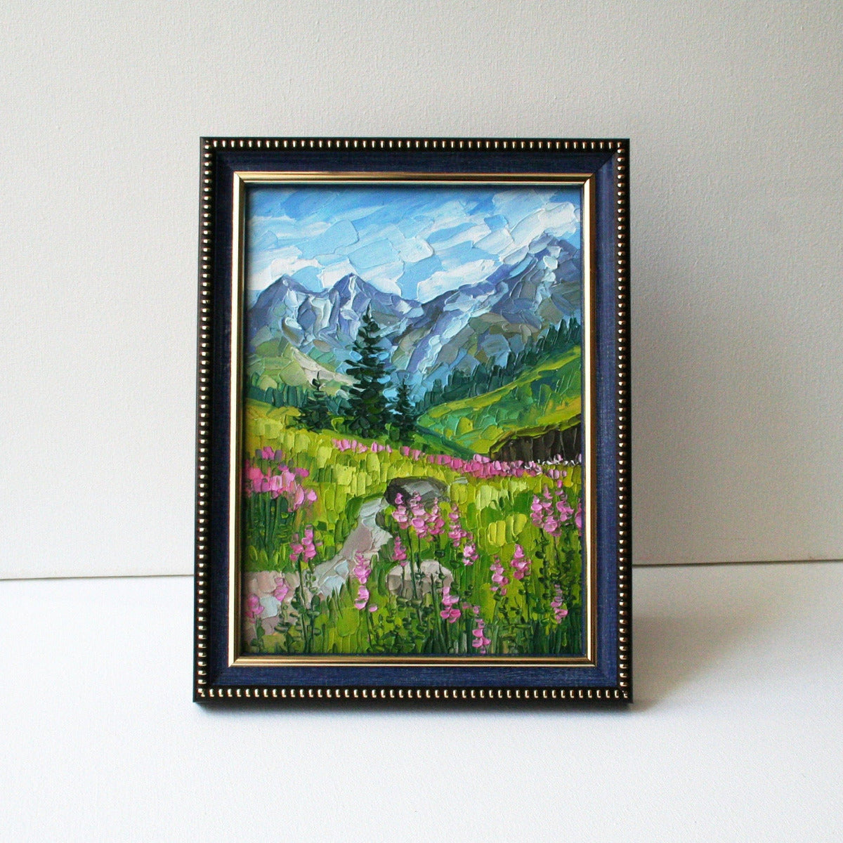 Glacier National Park oil painting in blue frame, palette knife mountain landscape art by Iryna Stakhiv