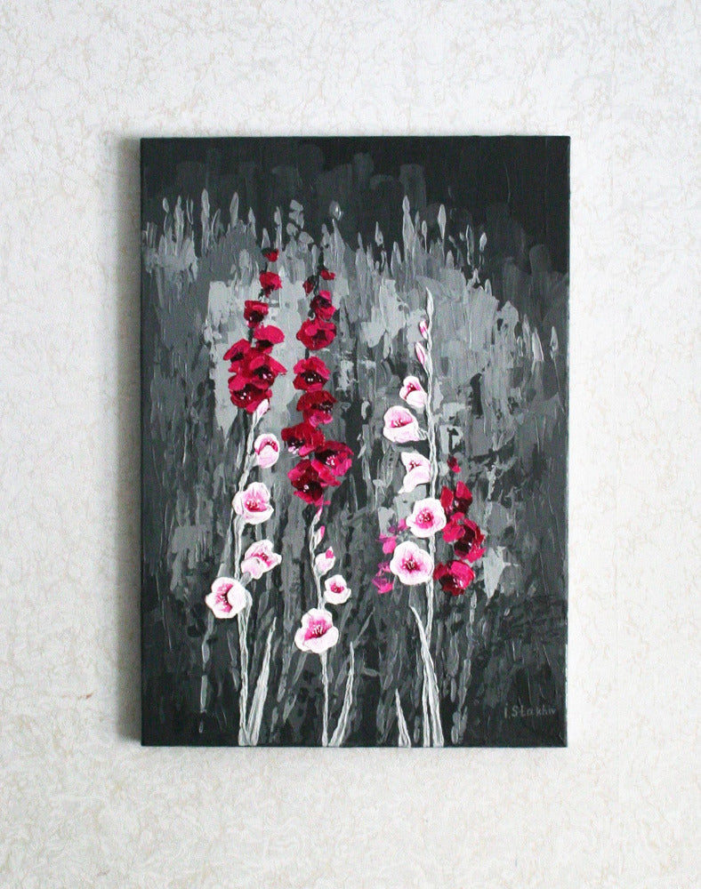 Gladiolus painting: dark academia decor, floral original canvas art, crimson burgundy flowers by Iryna Stakhiv