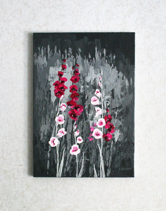 Gladiolus painting: dark academia decor, floral original canvas art, crimson burgundy flowers by Iryna Stakhiv