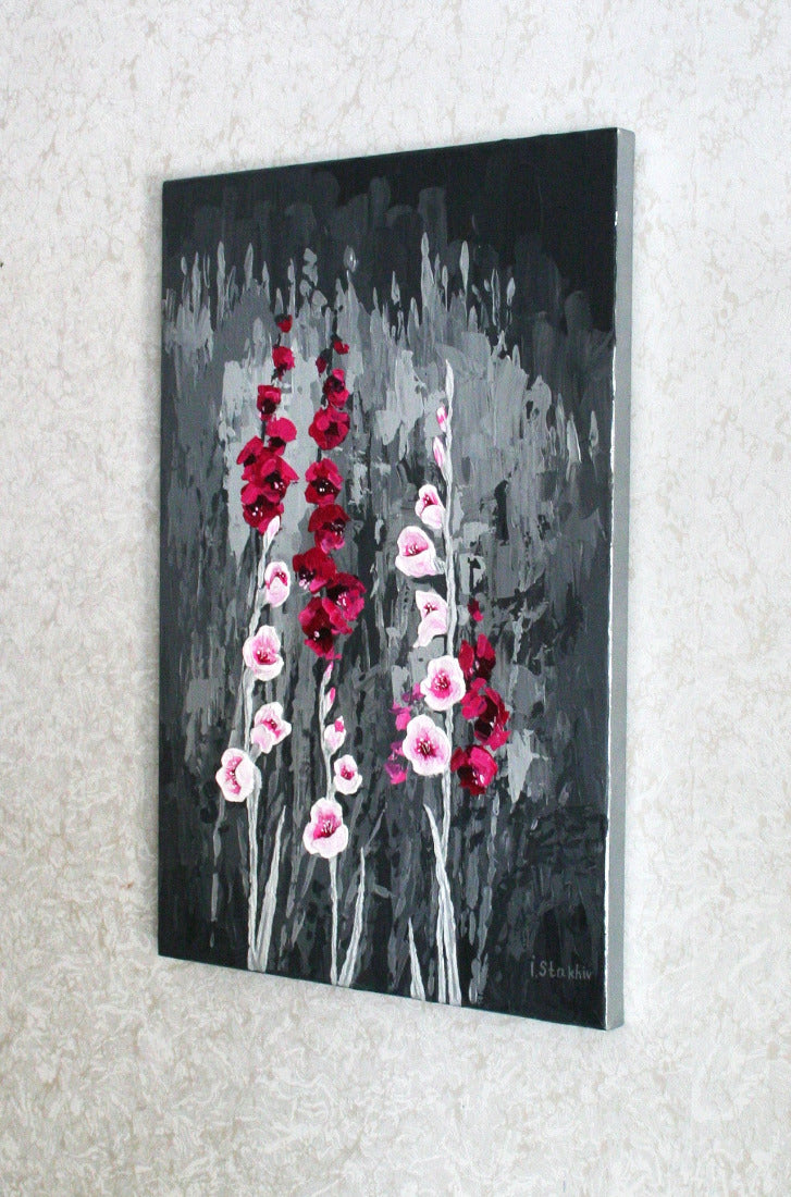 Gothic flower wall art gladiolus, textured dark floral acrylic painting black background