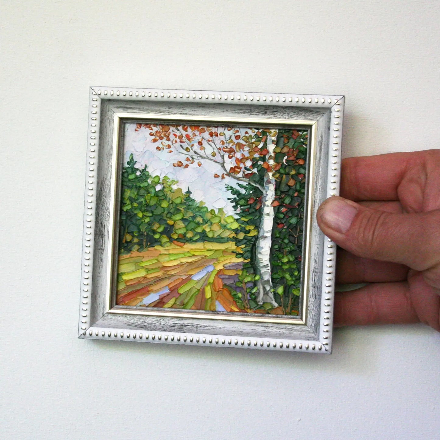 Hand-painted mini landscape oil painting — autumn birch tree path, impasto texture, framed original art