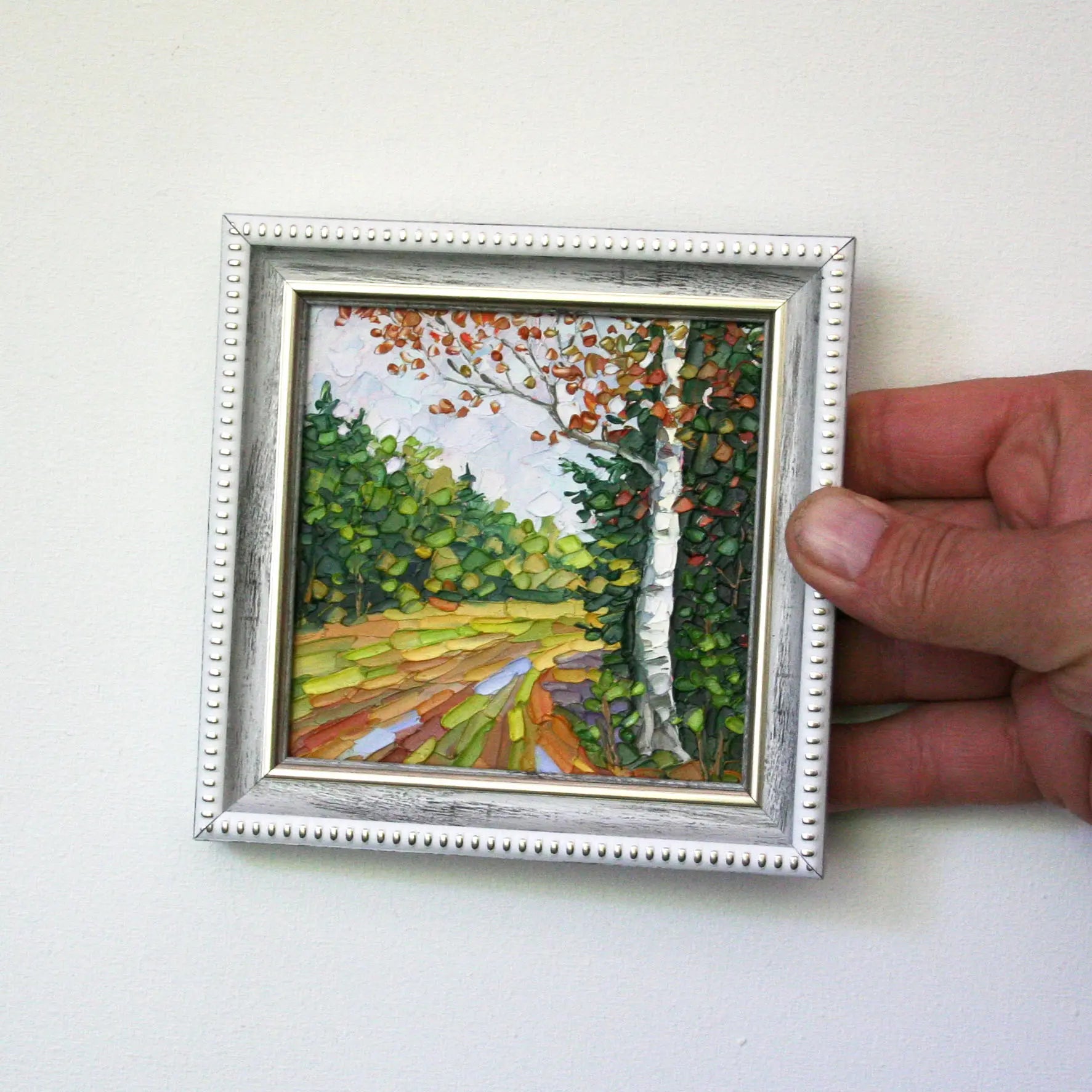 Hand-painted mini landscape oil painting — autumn birch tree path, impasto texture, framed original art