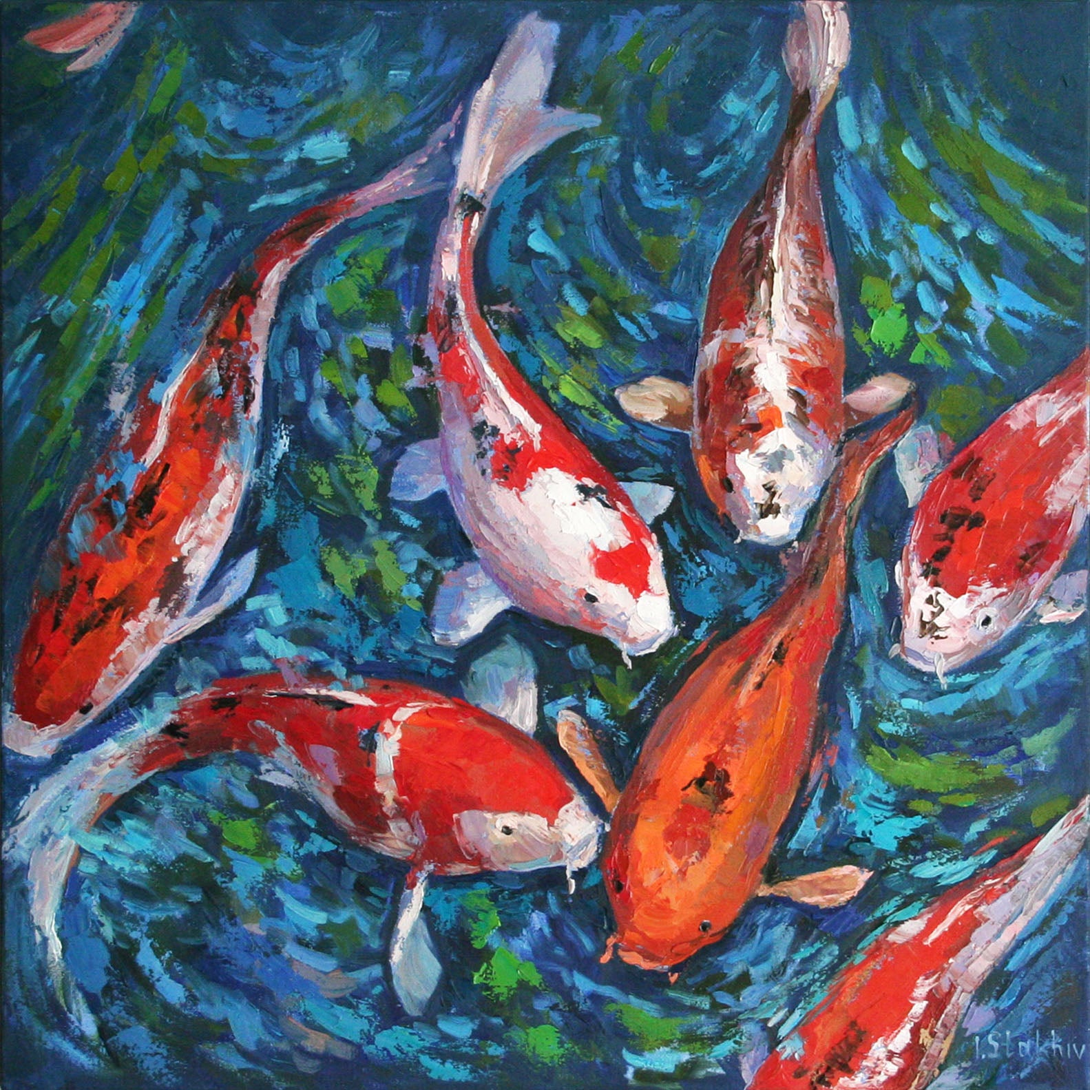 Hand-painted orange, red and white koi fish in water, textured oil artwork.