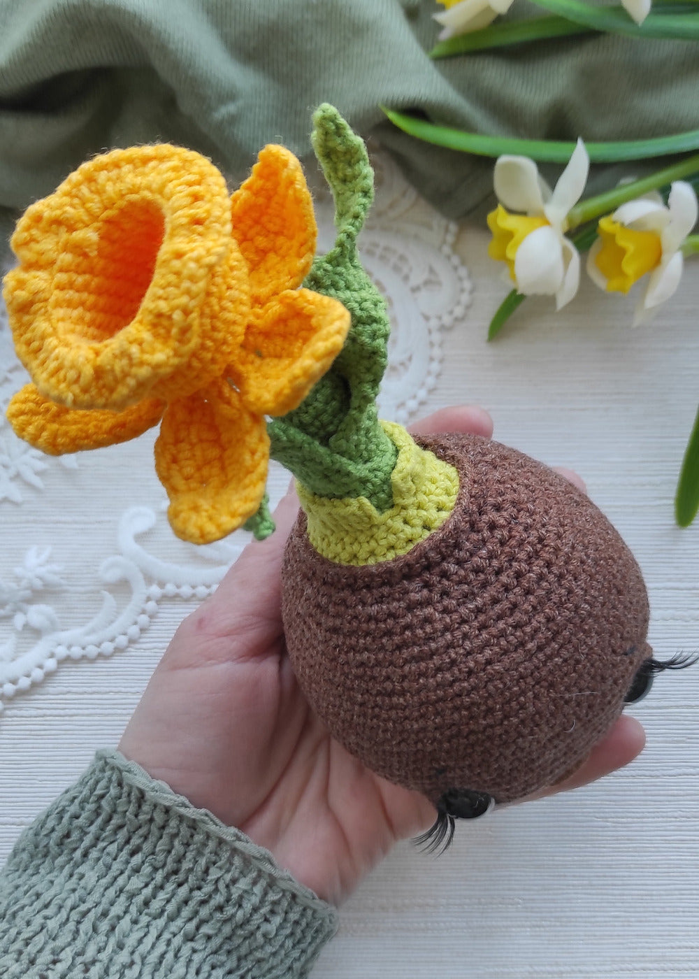 Handmade Crochet Daffodil Soft Sculpture -100% Cotton Amigurumi Flower in Pot