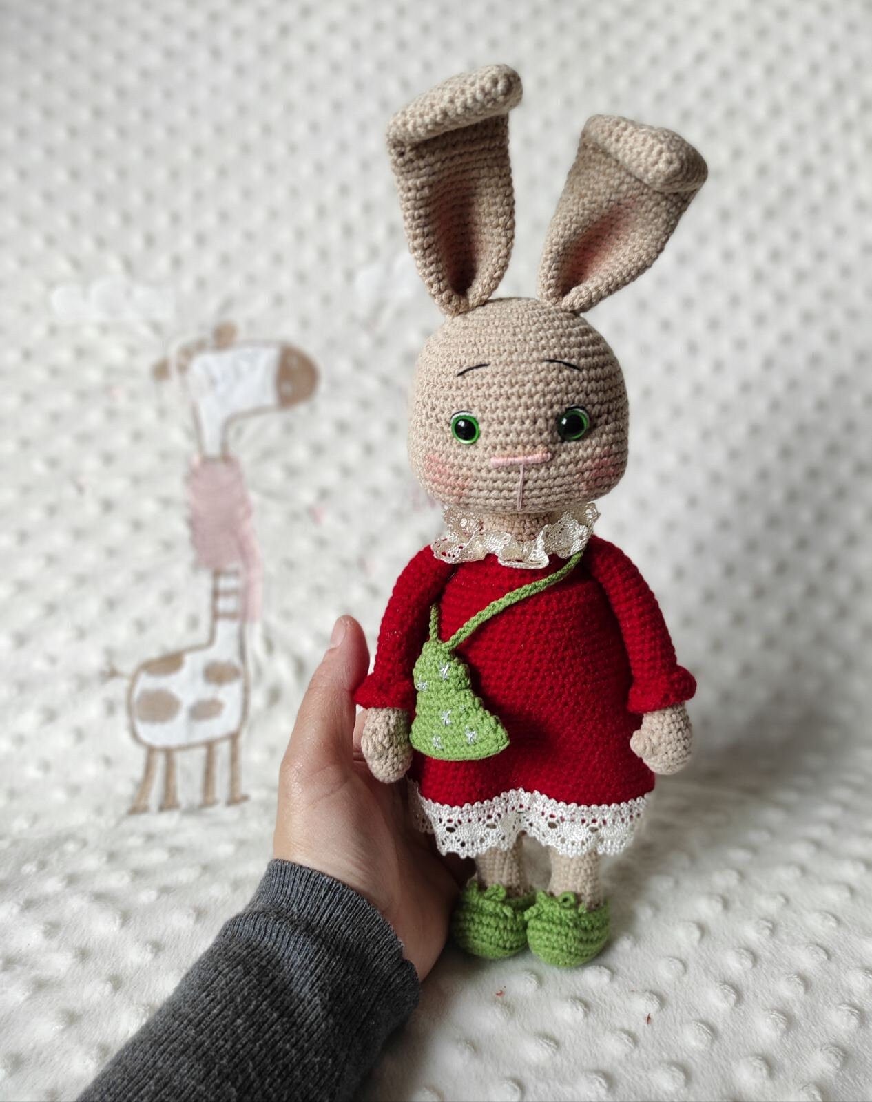 Handmade crochet bunny in red dress, amigurumi rabbit toy by Valentyna Levytska