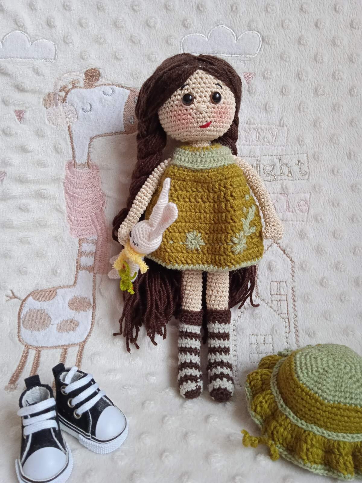 Handmade crochet doll 24cm — includes doll, bunny companion and full removable outfit 