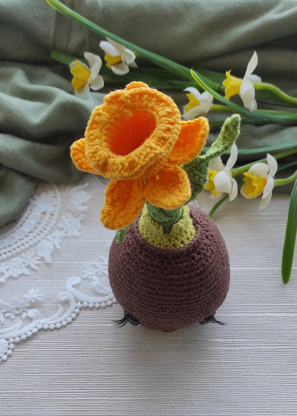 Handmade crochet flower gift idea, amigurumi daffodil in pot, Original Sisters Art