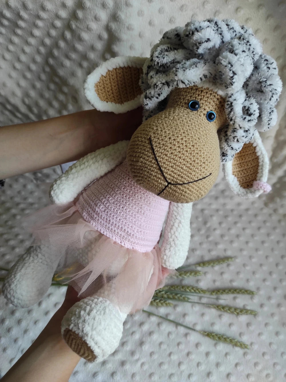 Handmade crochet sheep in removable pink dress, 37cm stuffed lamb toy, curly woolly head, safety eyes