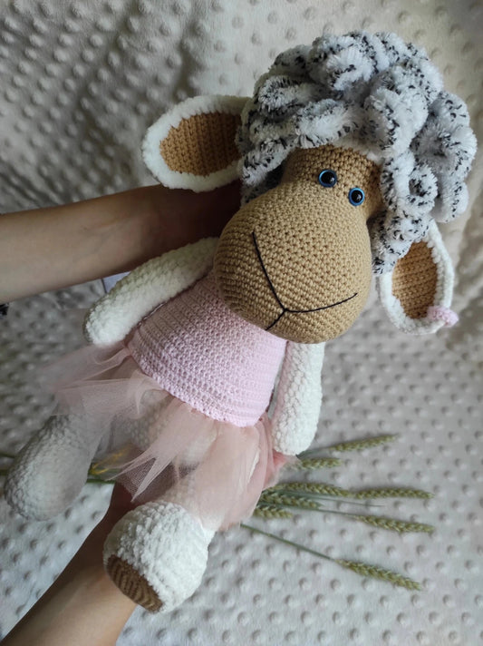 Handmade crochet sheep in removable pink dress, 37cm stuffed lamb toy, curly woolly head, safety eyes