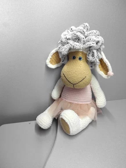Handmade crochet sheep sitting – expressive face, curly woolly head, pink organza dress, stuffed lamb toy ready to ship