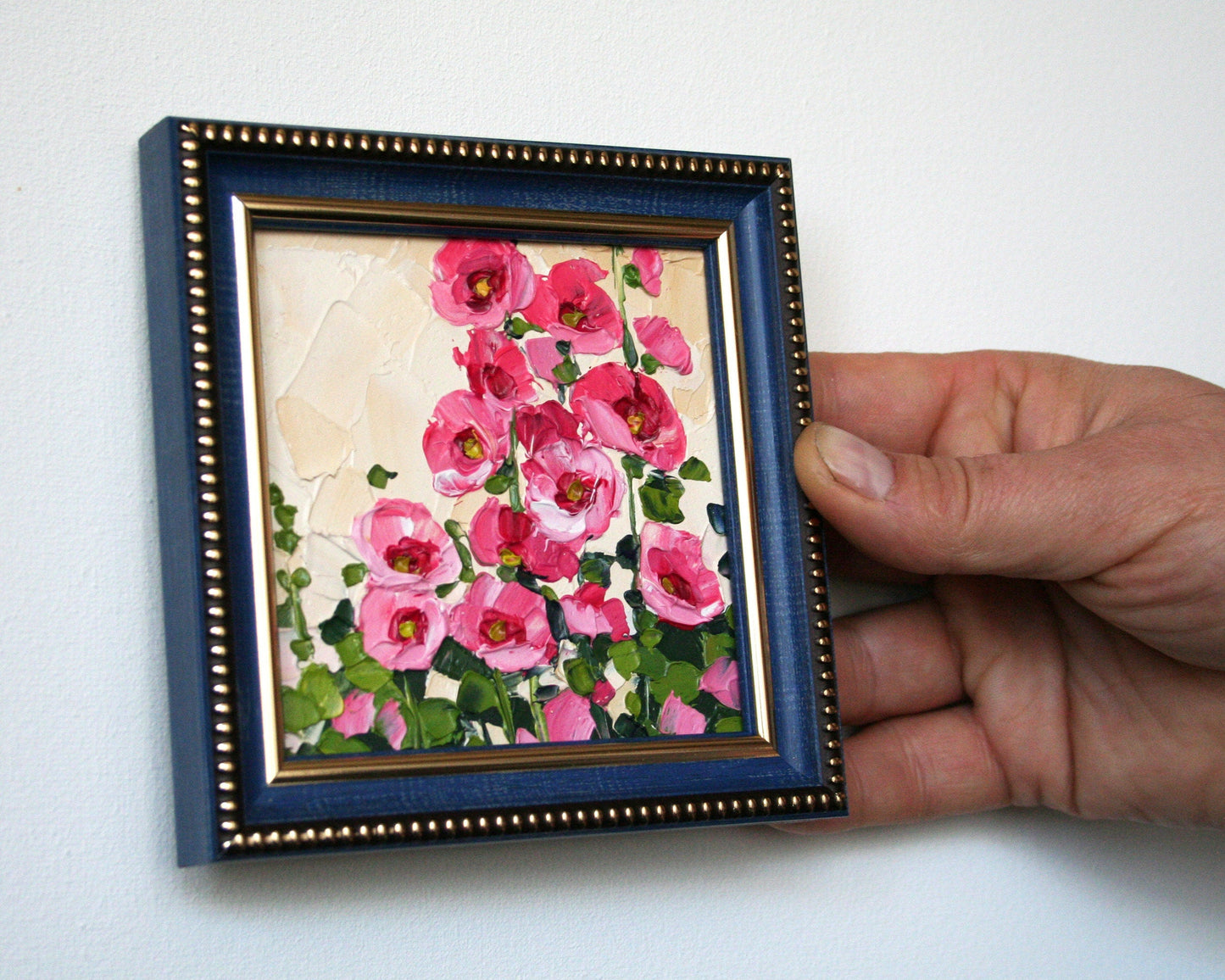 Handmade hollyhock oil painting, framed floral art 4x4 inches, palette knife technique
