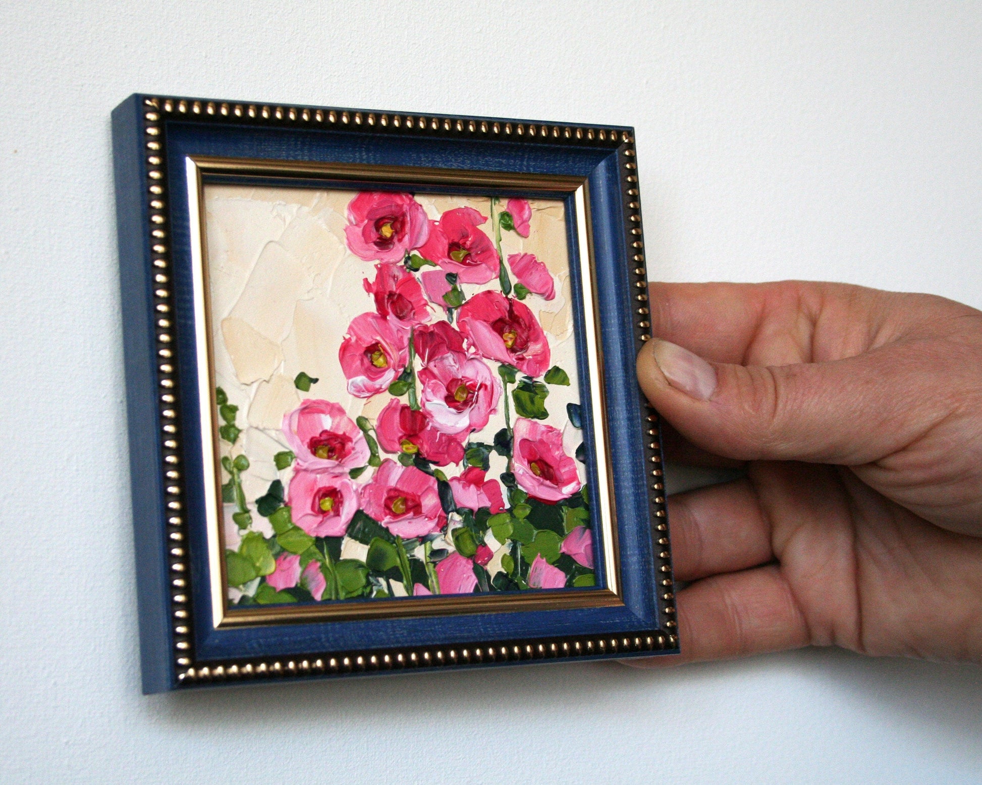 Handmade hollyhock oil painting, framed floral art 4x4 inches, palette knife technique