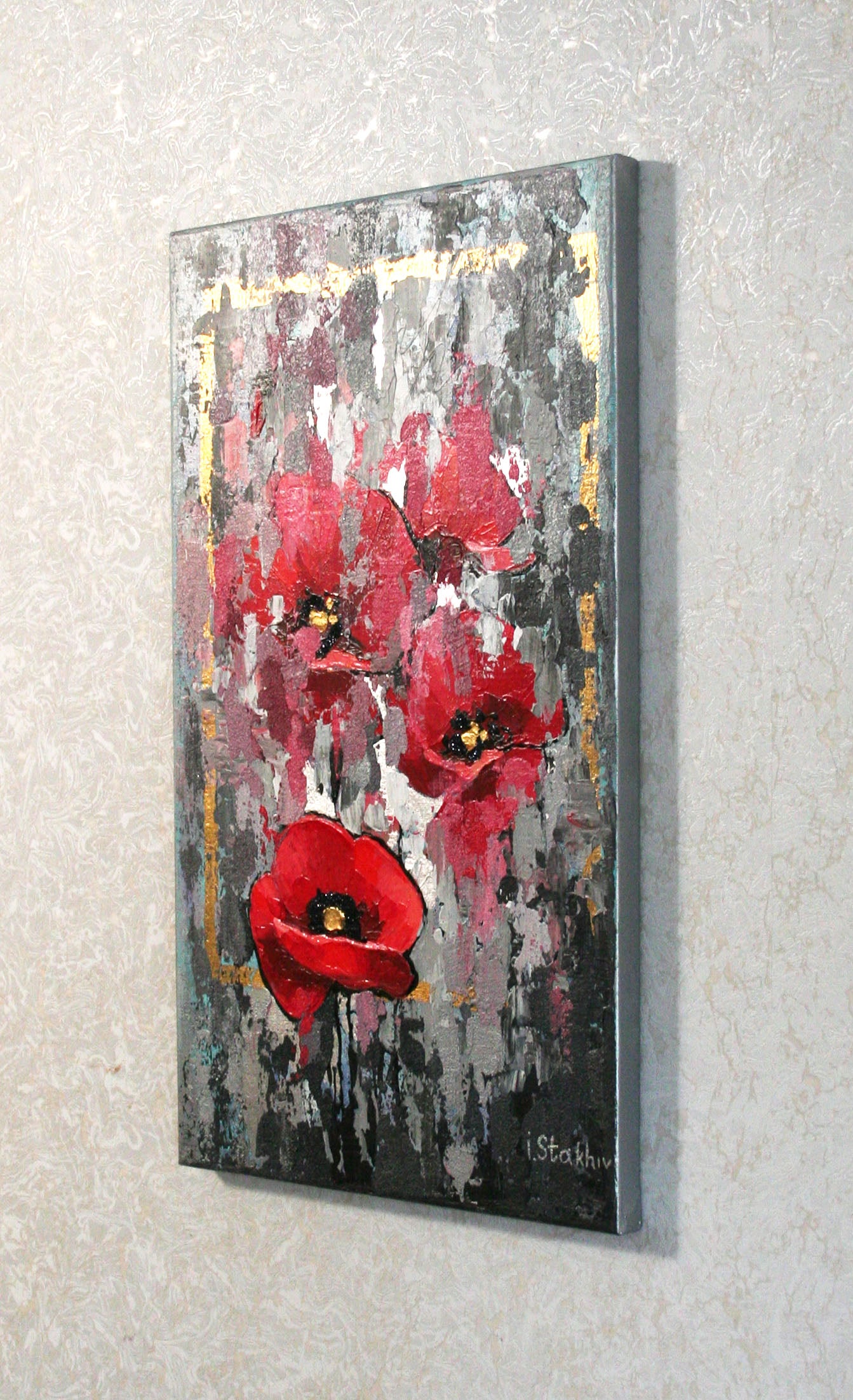 Handmade original painting red poppies by Ukrainian artist