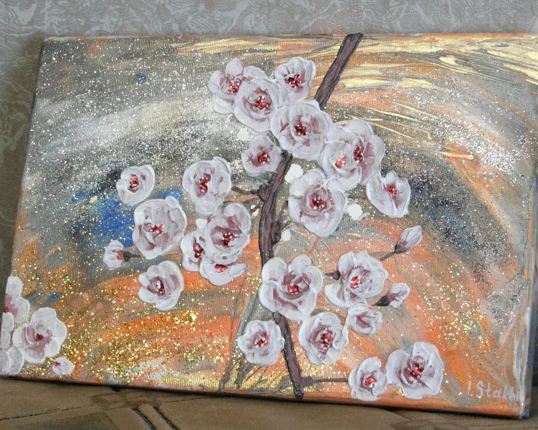 Handmade sakura painting with glitter, fluid art and palette knife technique
