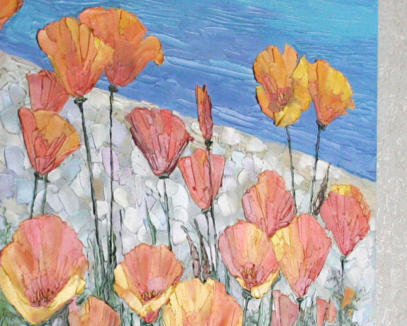 Heavy impasto texture of a poppy painting, close-up of palette knife oil strokes on large landscape canvas.