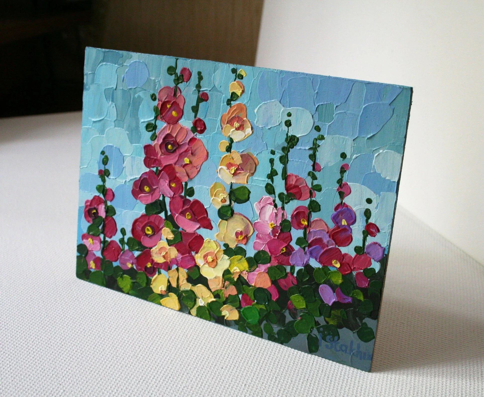Hollyhocks painting with pink and yellow flowers, impasto palette knife technique, 4x6 original Ukrainin art