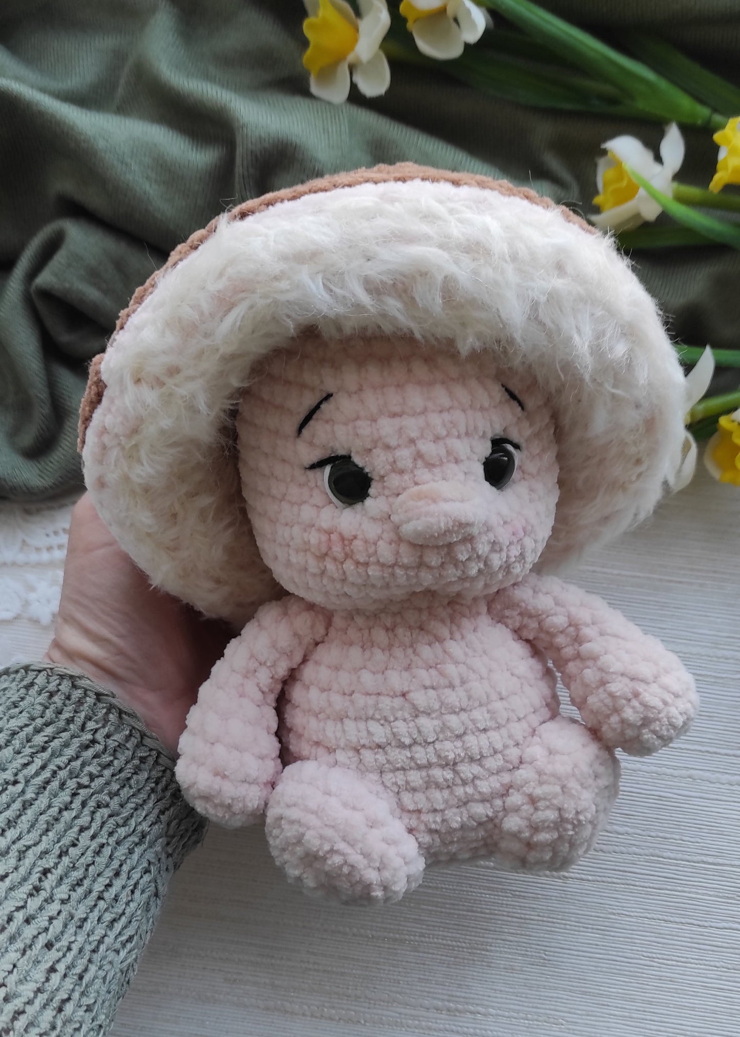 Handmade crochet mushroom plushie filled with soft hypoallergenic hollowfiber